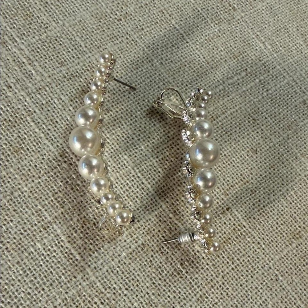 Delicate wedding ear cuffs pearl and silver tone metal with posts and clips